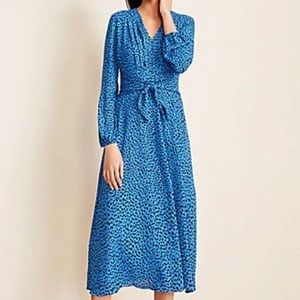 Ann Taylor Leopard Midi Dress Women’s Size 16 V Neck Tie Waist Balloon Sleeves